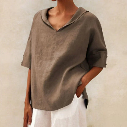Koszula lniana damska oversize – marynarski dekolt V, rękaw 3/4