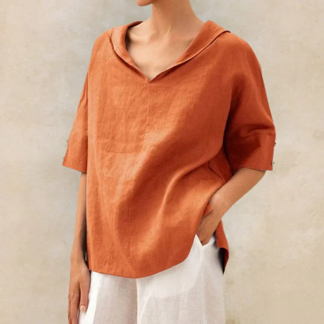 Koszula lniana damska oversize – marynarski dekolt V, rękaw 3/4
