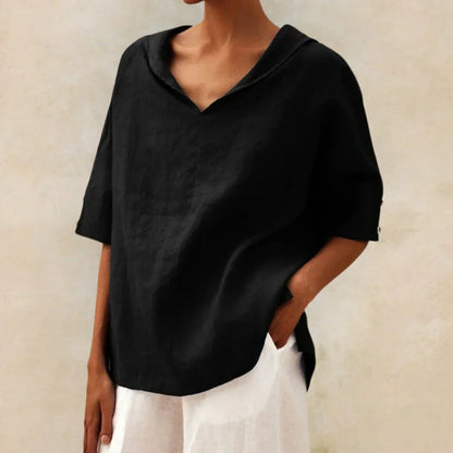 Koszula lniana damska oversize – marynarski dekolt V, rękaw 3/4