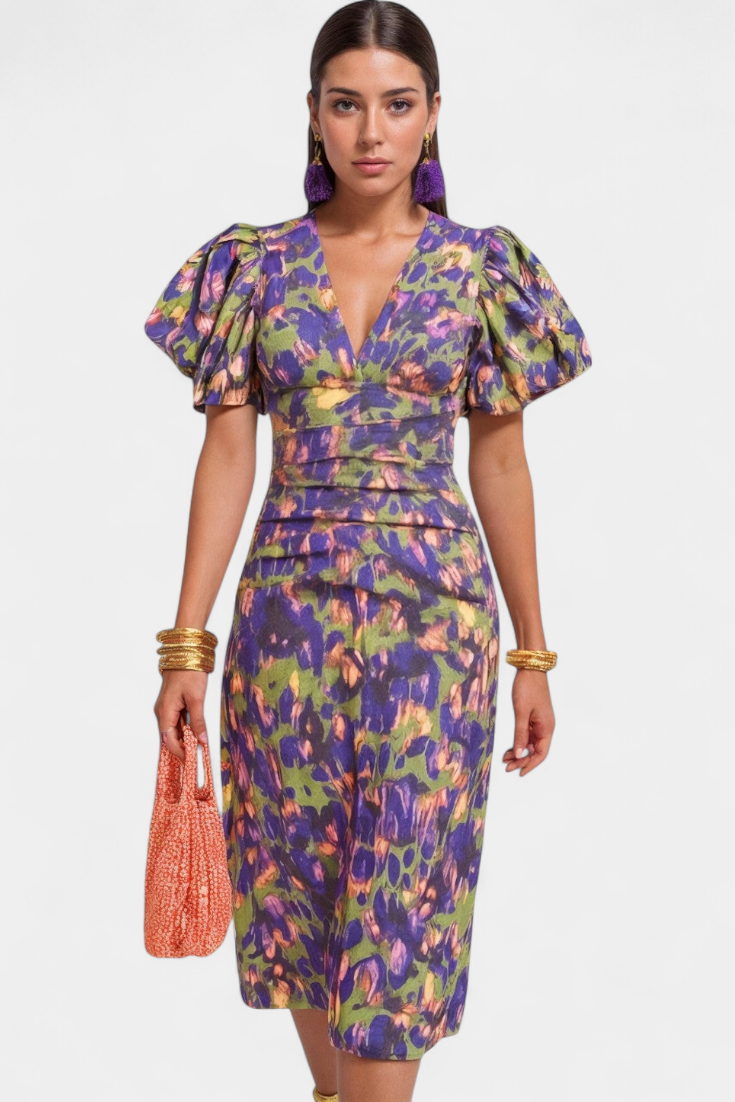Mira Bold Print Dress | Puff Sleeves, Ruched Waist
