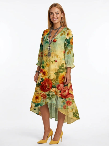 Ivy Boho Midi Dress | Floral Print, Tiered Skirt, 3/4 Sleeve - Yellow - 3/4