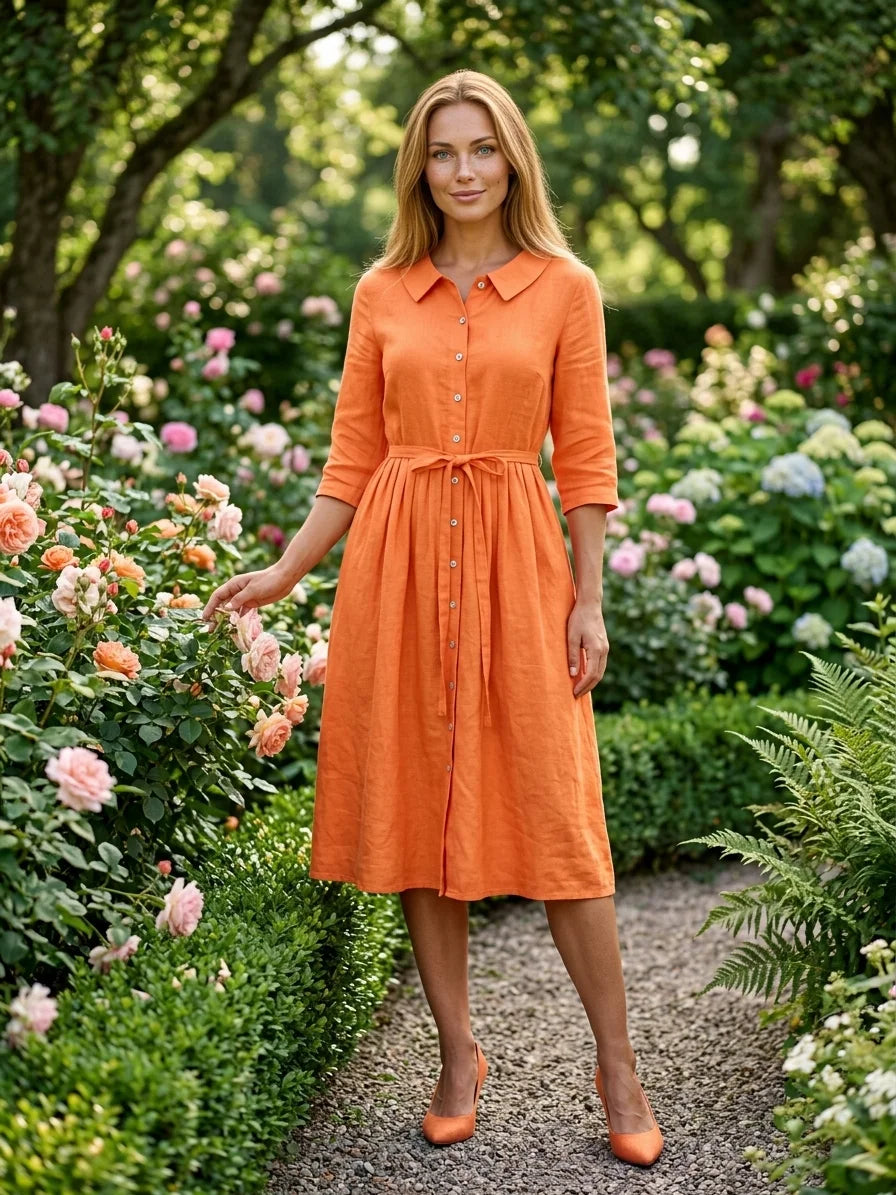 Hazel Tie-Waist Midi Dress | Button Front, V-Neck, Casual - Orange - lifestyle_garden