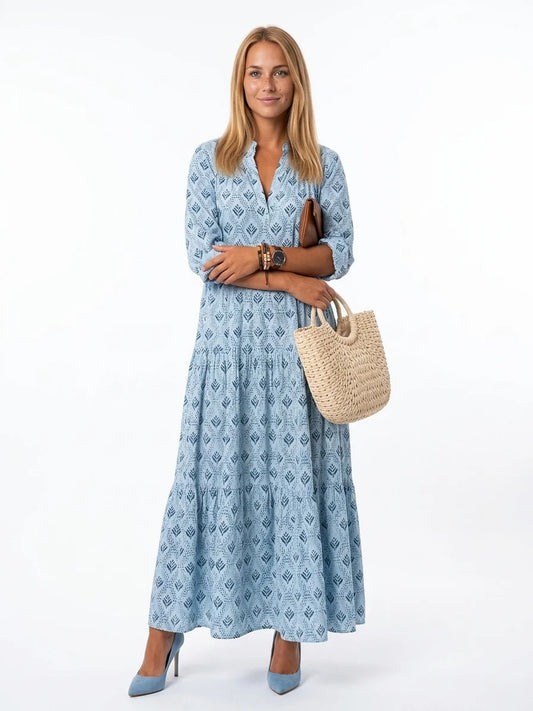 Willow Boho Maxi Dress | All-Over Print, Tassel Detail - Light Blue - front