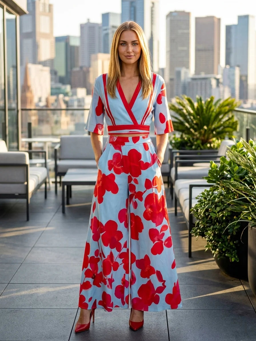 Elena Floral Wrap Maxi Dress | V-Neck, Summer Elegance - Blue & Red - lifestyle_rooftop