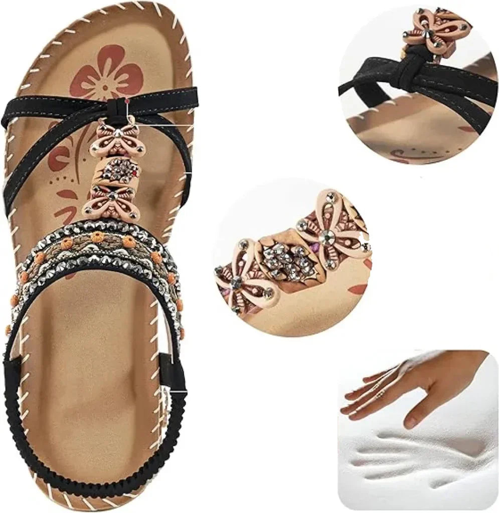 Sandały Slingback Damskie – Turkusowe Boho z Koralikami Płaskie
