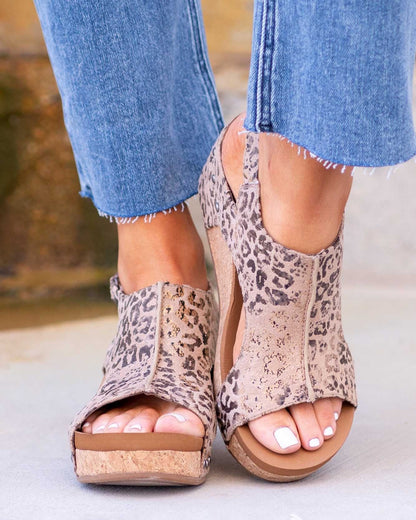 Sandały na Koturnie Damskie – Postarzana Skóra Korkowa Platforma Slingback