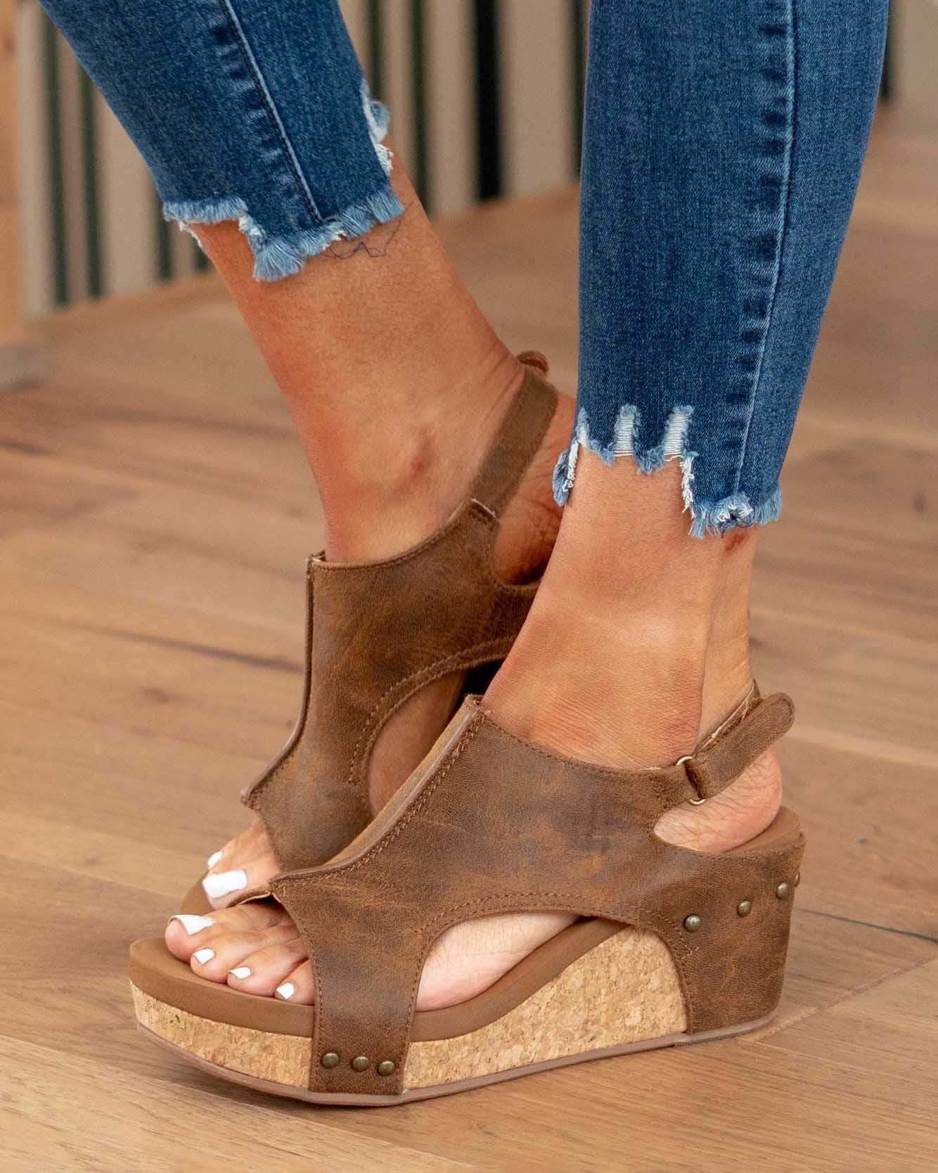 Sandały na Koturnie Damskie – Postarzana Skóra Korkowa Platforma Slingback