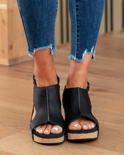 Sandały na Koturnie Damskie – Postarzana Skóra Korkowa Platforma Slingback