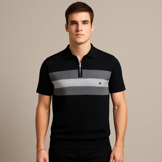 Momount Men Half Zip Polo Shirt – Knit Contrast Stripe Short Sleeve