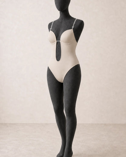 Women's Backless Plunge Bodysuit — in movement