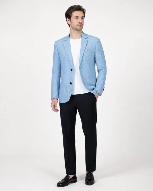 Light blue lightweight blazer for men, hero view.
