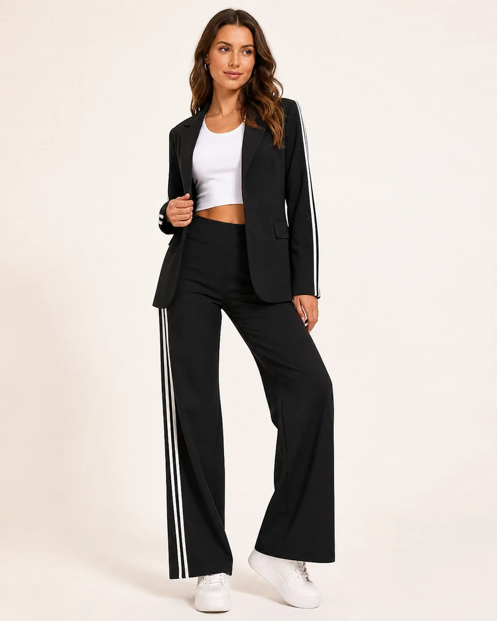 Women's striped relaxed blazer and wide-leg trousers set – 01 black hero