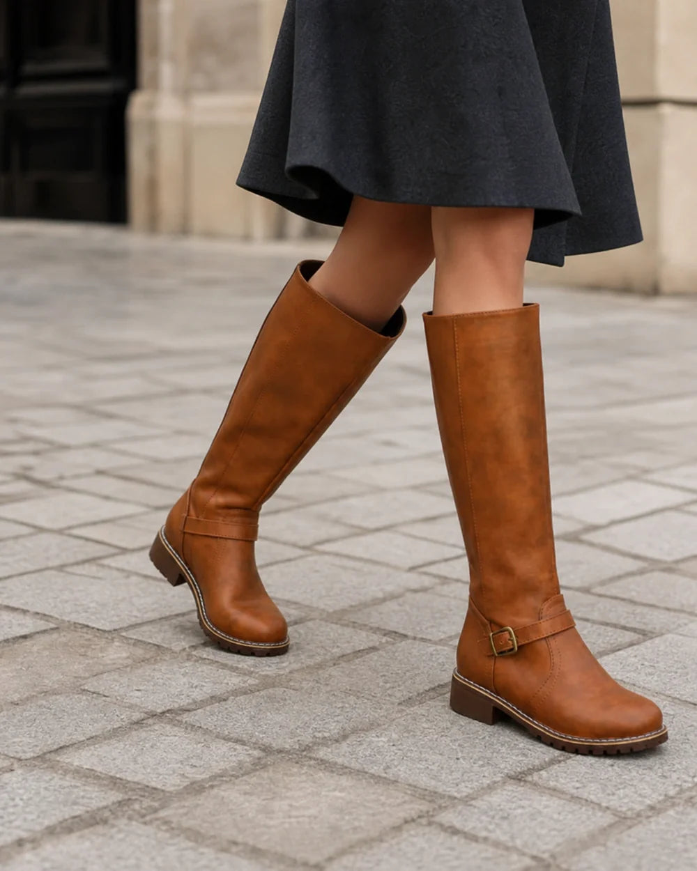 Momount Women Buckle-Strap Knee-High Boots – Brown walking