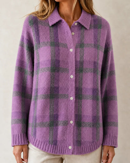Women's Purple variant checked button-front knit, product-first view.