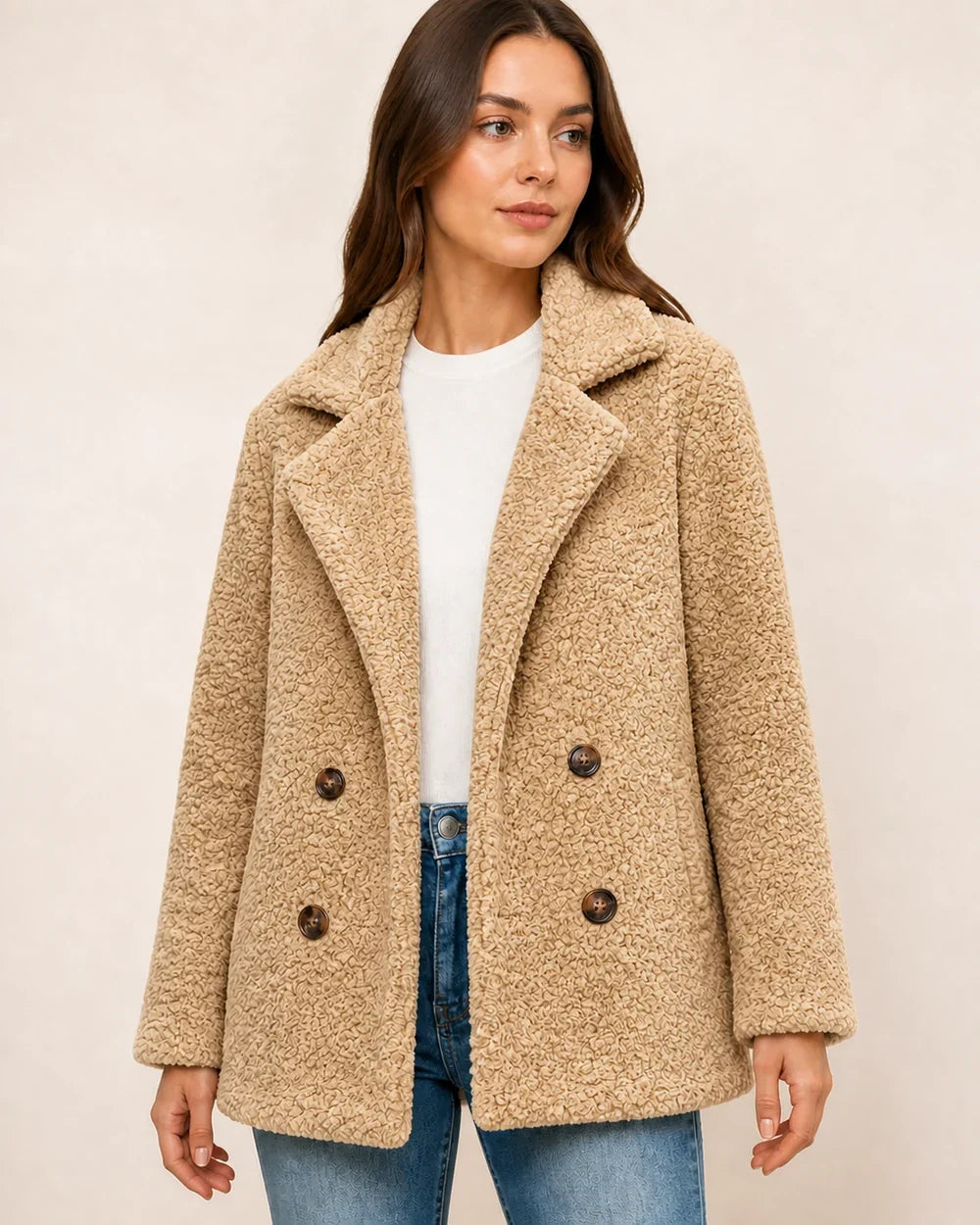 Beige double-breasted teddy coat worn, color view.