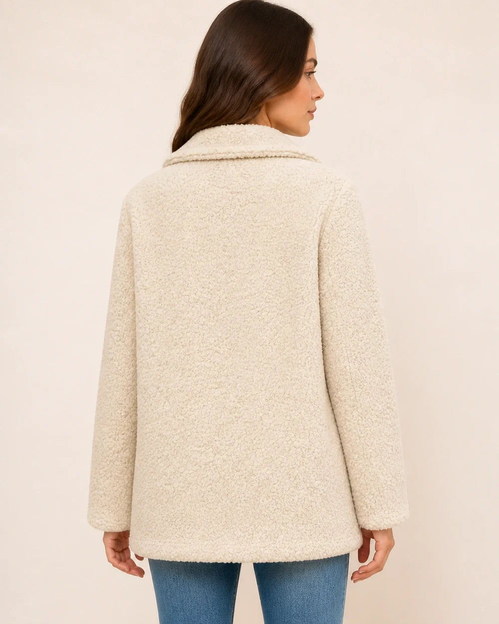 Cream White double-breasted teddy coat, back view.