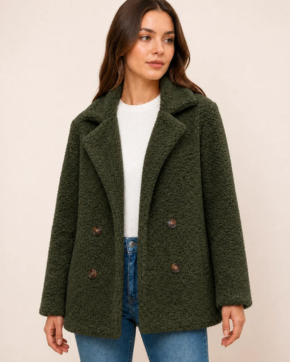 Green double-breasted teddy coat worn, color view.