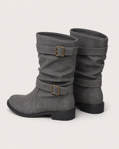 Grey low-heel buckle slouch boots for women, rear view