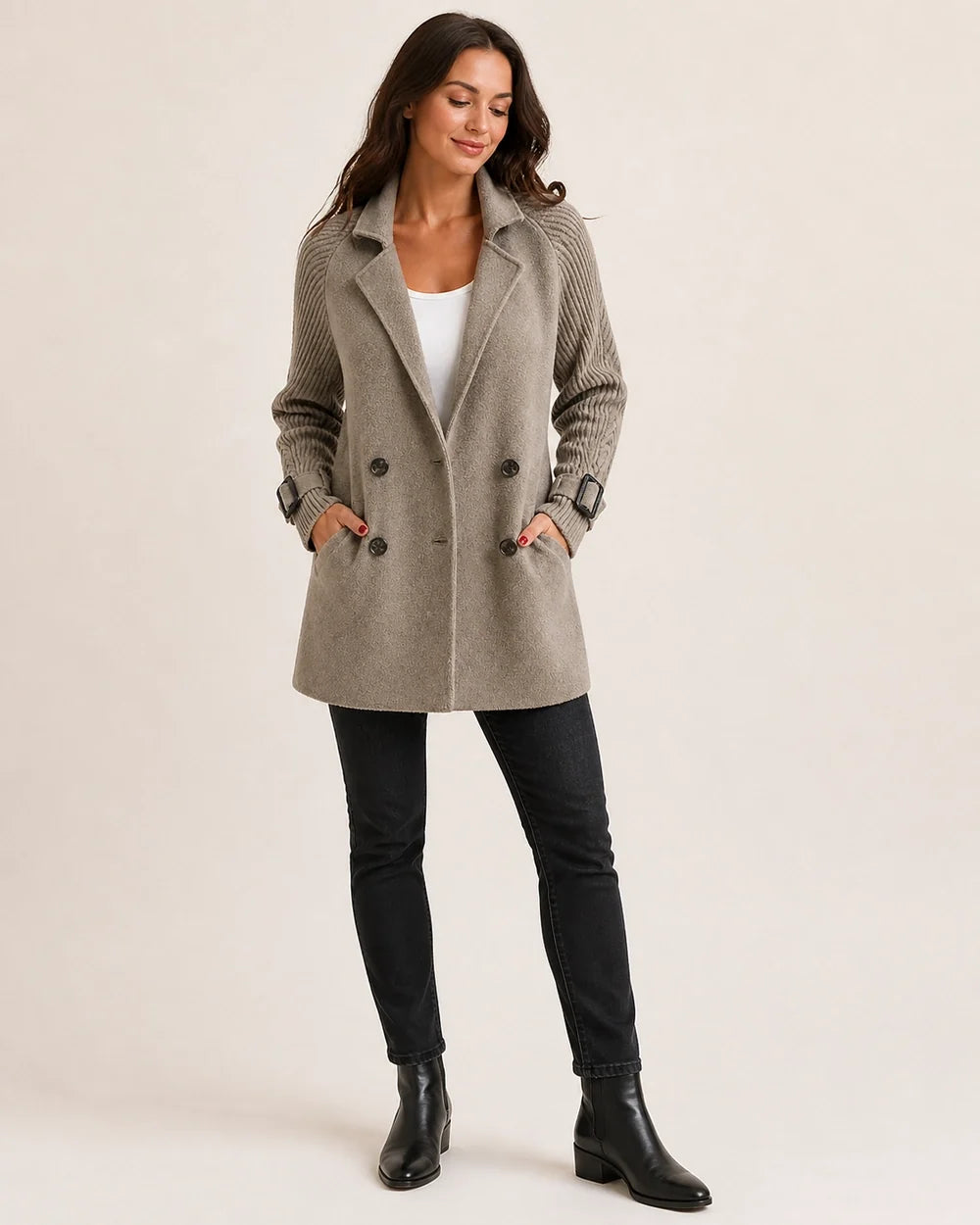 Taupe mid-length coat with knit sleeves, full silhouette.