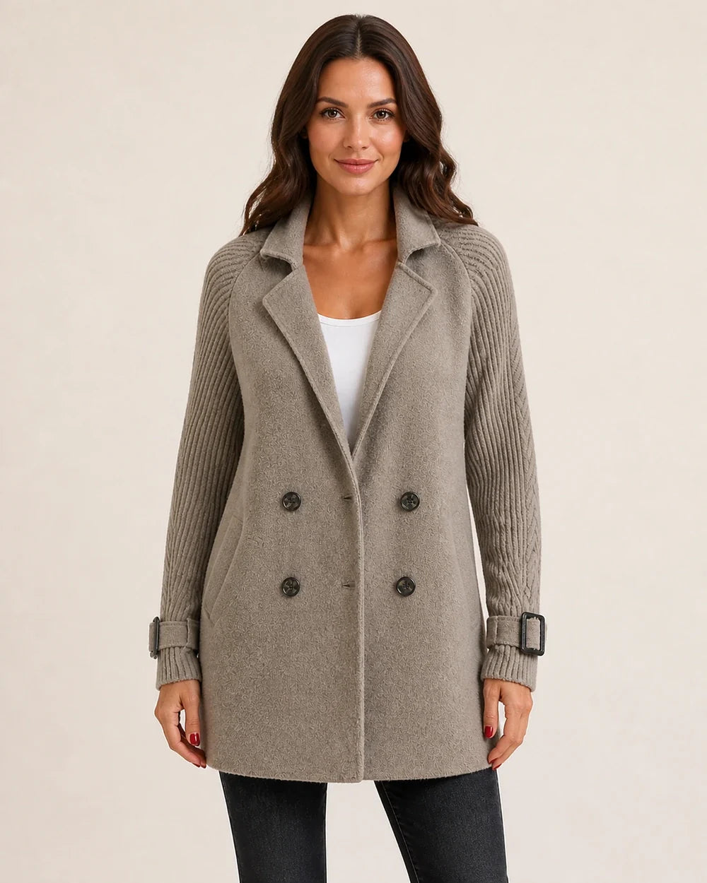 Taupe mid-length coat with knit sleeves, straight front view.