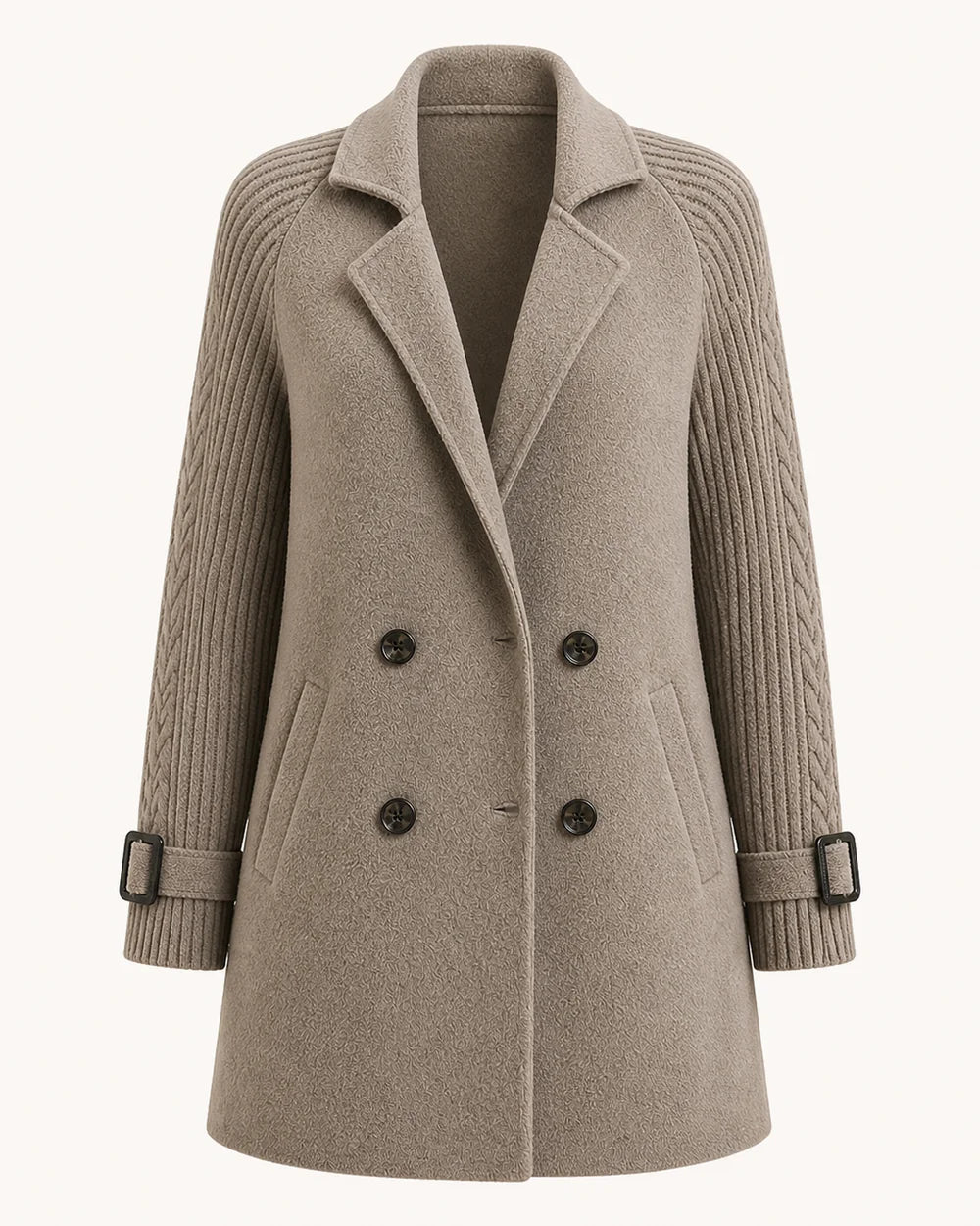 Taupe mid-length coat with knit sleeves, product-only view.