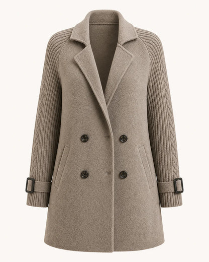 Taupe mid-length coat with knit sleeves, product-only view.