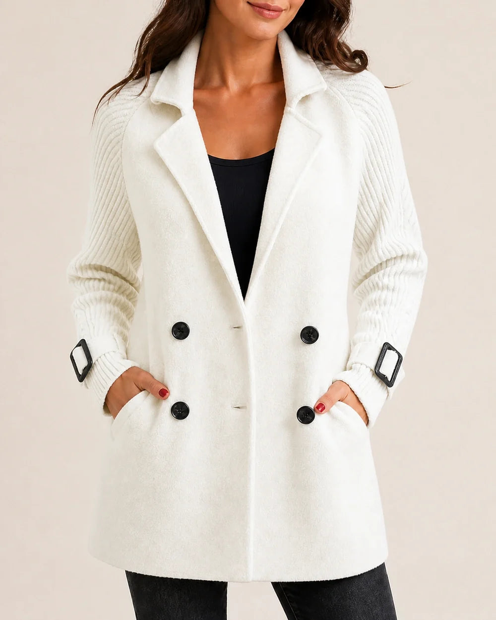 White mid-length coat with knit sleeves worn, color view.