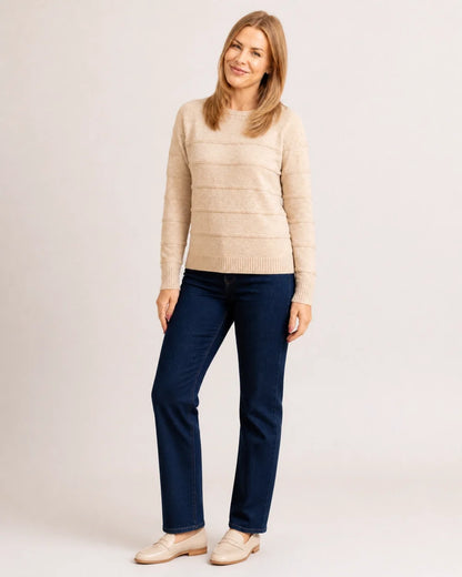 Women's oatmeal textured stripe sweater, full-length styled view