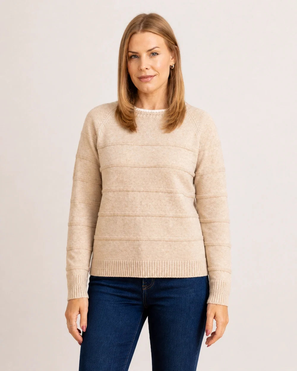 Women's oatmeal textured stripe sweater, straight front view