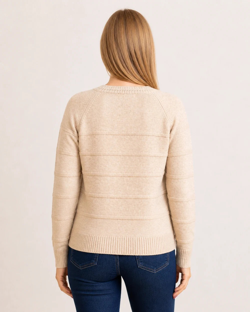 Women's oatmeal textured stripe sweater, true back view