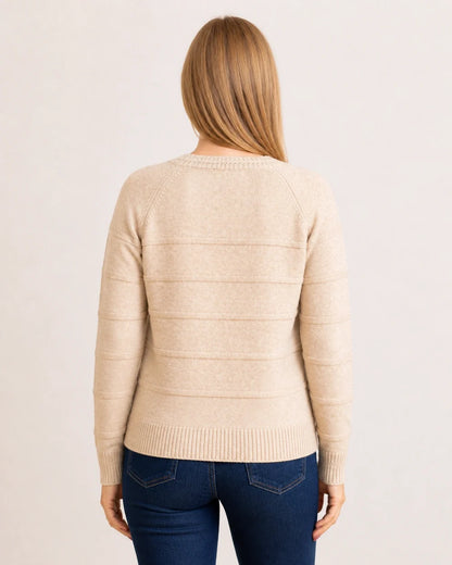 Women's oatmeal textured stripe sweater, true back view