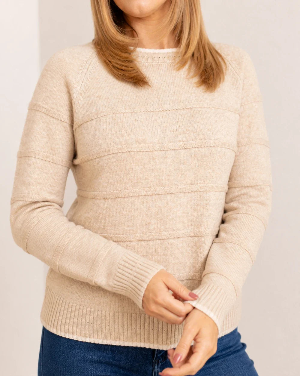 Women's oatmeal textured stripe sweater, neckline cuff and knit detail