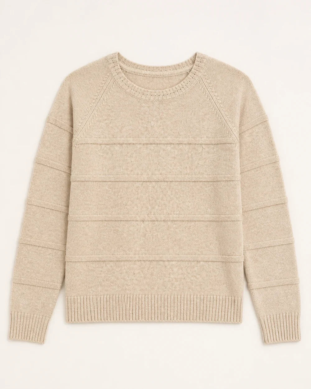 Women's oatmeal textured stripe sweater, product-only flat lay