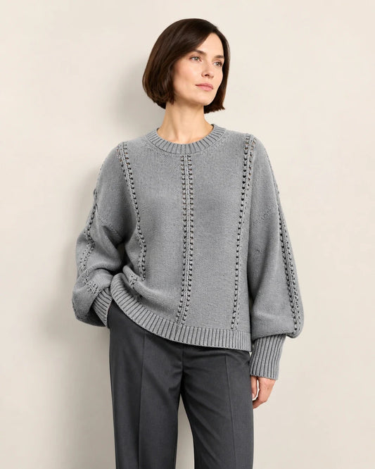 Grey oversized open-knit sweater for women, worn hero