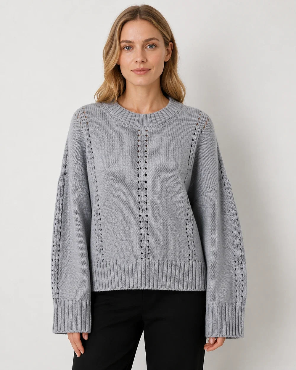 Grey oversized open-knit sweater for women, front view