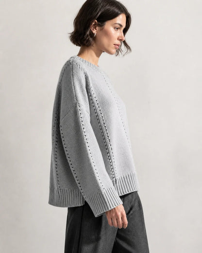 Grey oversized open-knit sweater for women, side view