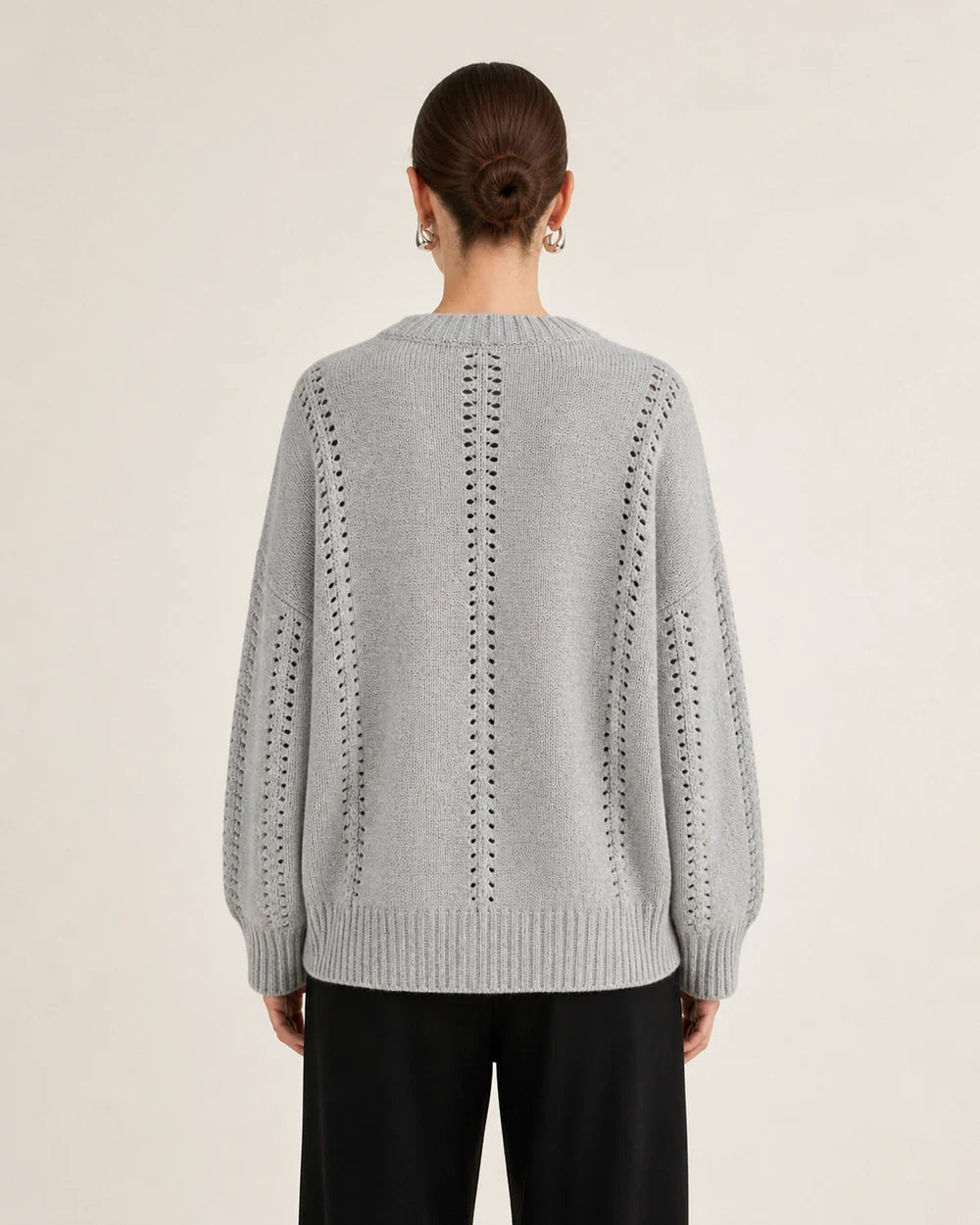 Grey oversized open-knit sweater for women, rear view