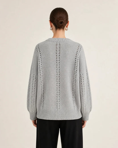Grey oversized open-knit sweater for women, rear view