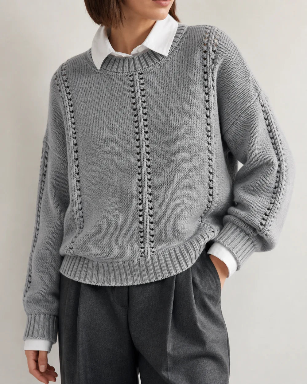 Grey oversized open-knit sweater for women, knit detail