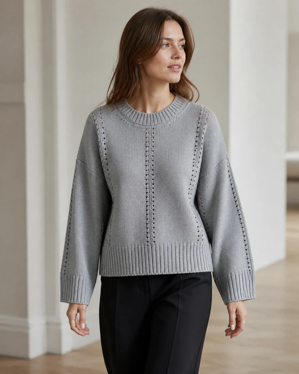 Grey oversized open-knit sweater for women, movement view