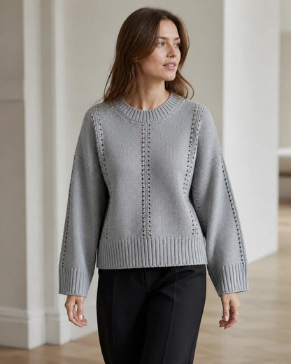 Grey oversized open-knit sweater for women, movement view