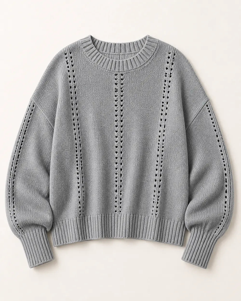 Grey oversized open-knit sweater for women, flat lay