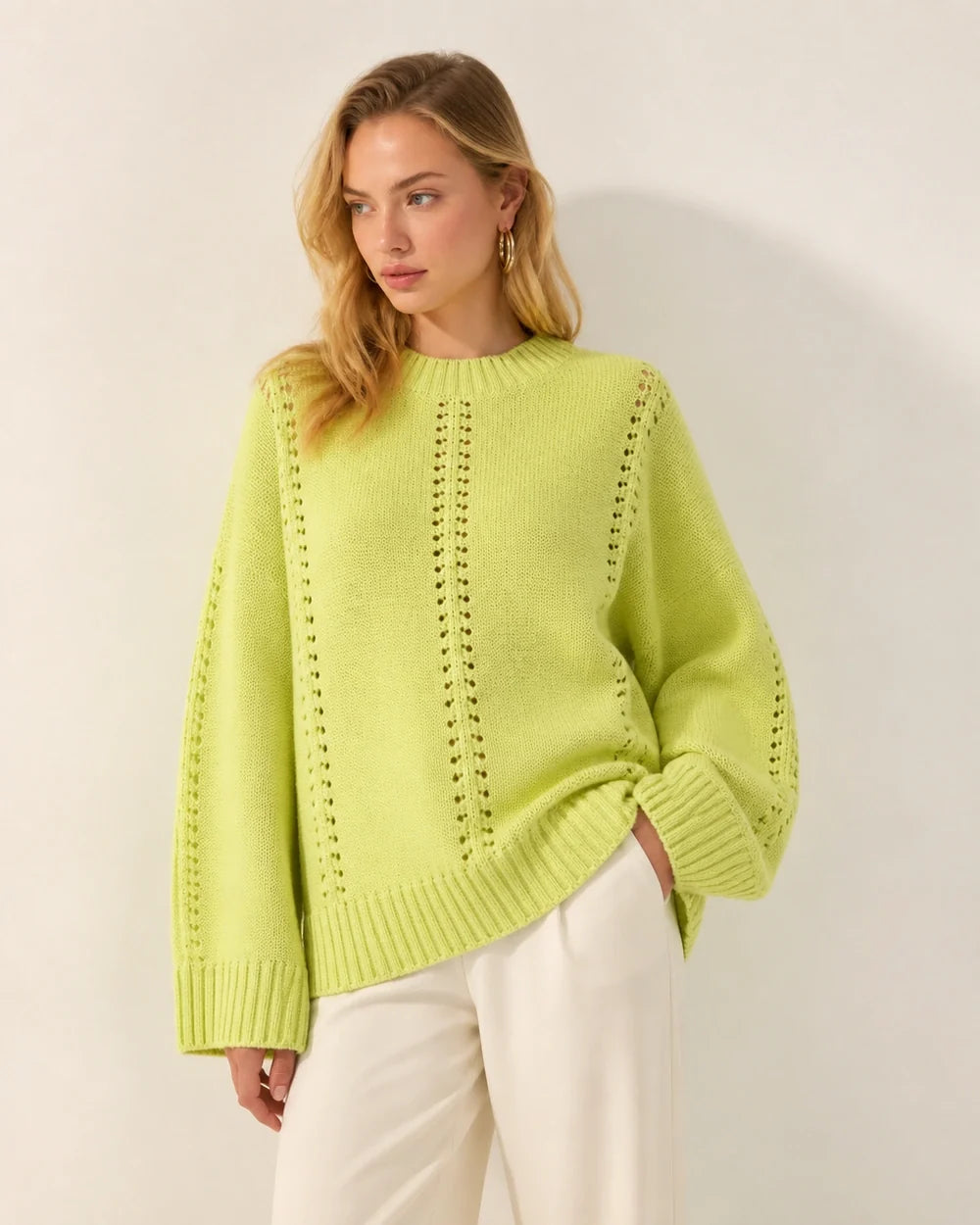 Light Green oversized open-knit sweater for women