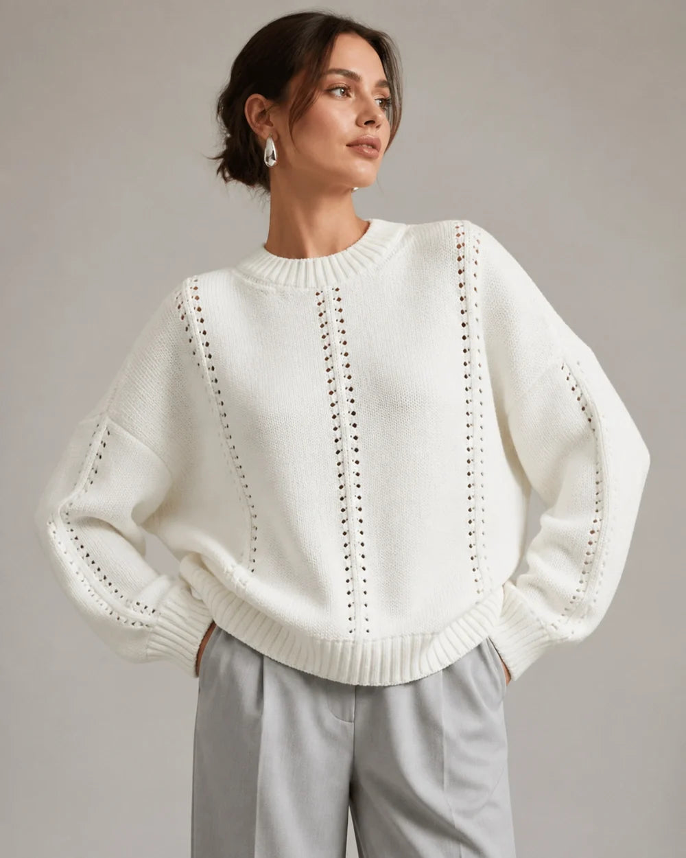 White oversized open-knit sweater for women