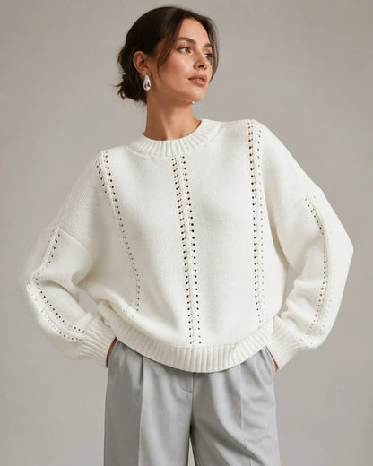 White oversized open-knit sweater for women