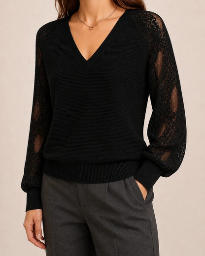 Women's Deep Black ribbed V-neck sweater with floral lace sleeves, worn hero view.