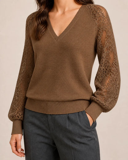 Women's Earth Brown ribbed V-neck sweater with floral lace sleeves, worn hero view.