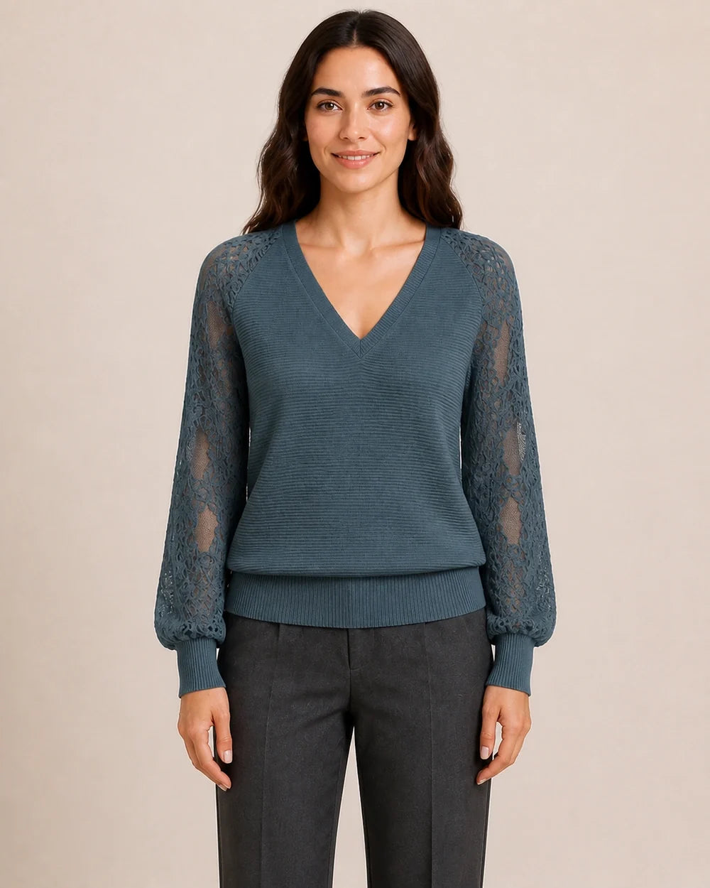 Women's Storm Blue ribbed V-neck sweater with floral lace sleeves, straight front fit view.