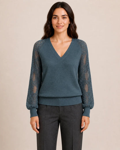 Women's Storm Blue ribbed V-neck sweater with floral lace sleeves, straight front fit view.