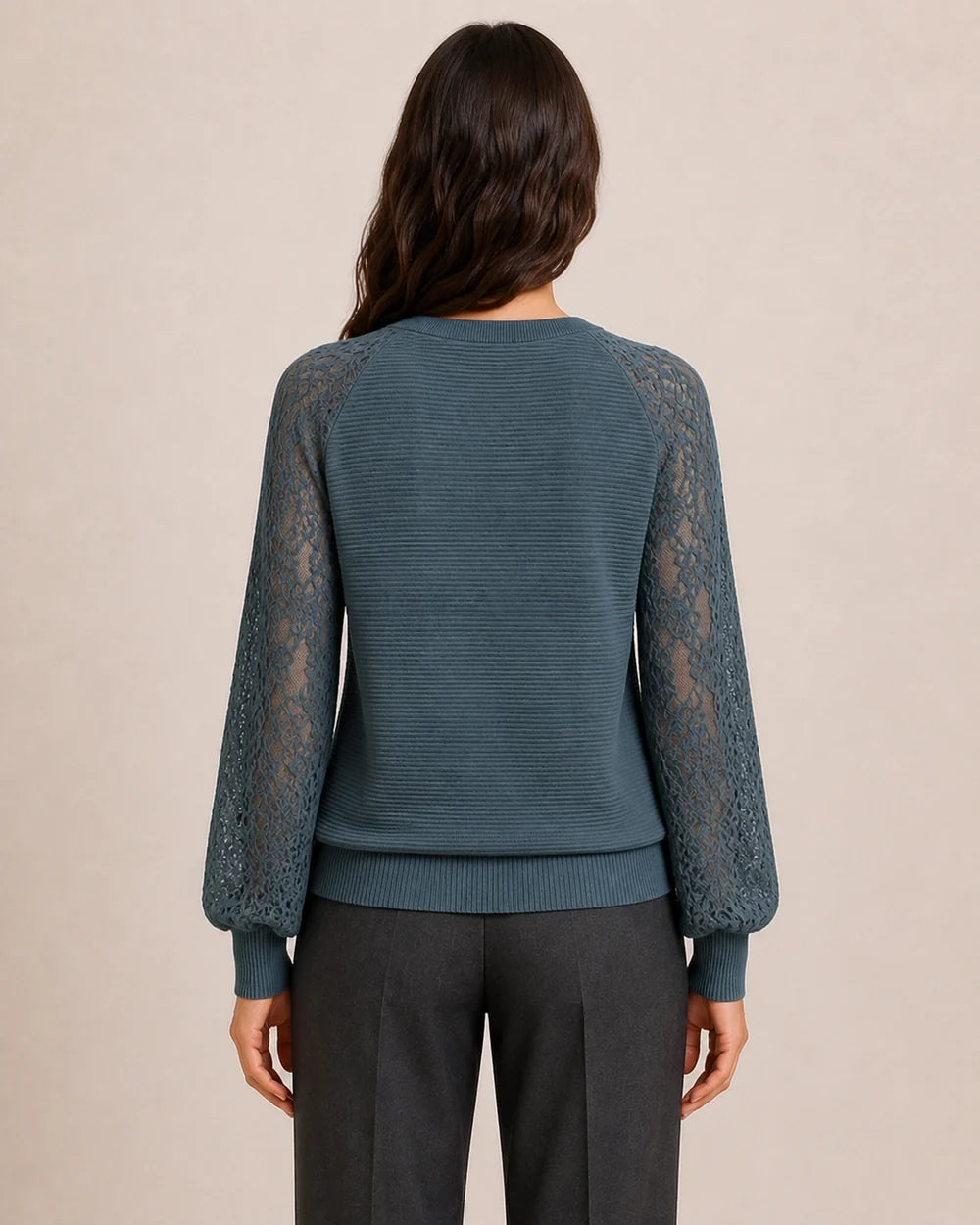 Women's Storm Blue ribbed V-neck sweater with floral lace sleeves, back fit view.